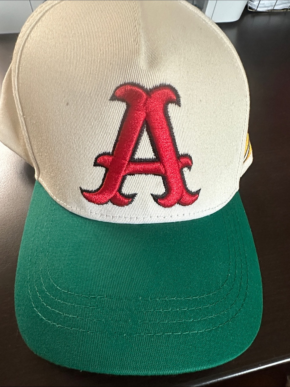 Beige and Green Baseball Cap with Red 'A' Embroidered Logo